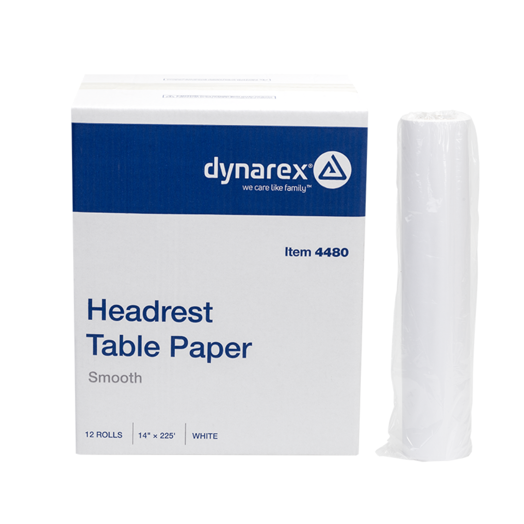 A box labeled Dynarex Exam Table Paper with one roll standing upright beside it. The box states it holds 12 rolls (14" x 225'), item 4480—perfect as a protective barrier for exam tables.